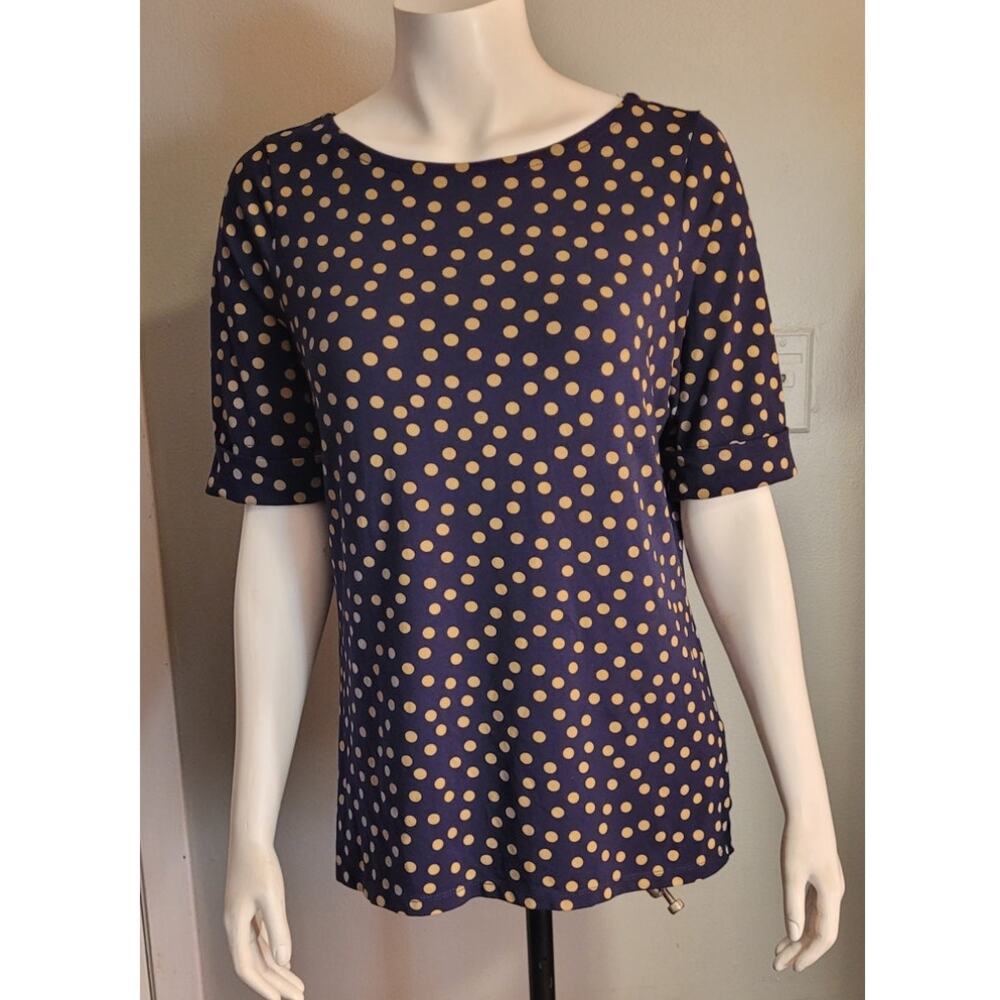 Belle by Kim Gravel Navy Tan Polka Dot Top Small Cotton Modal Stretch Soft Tee